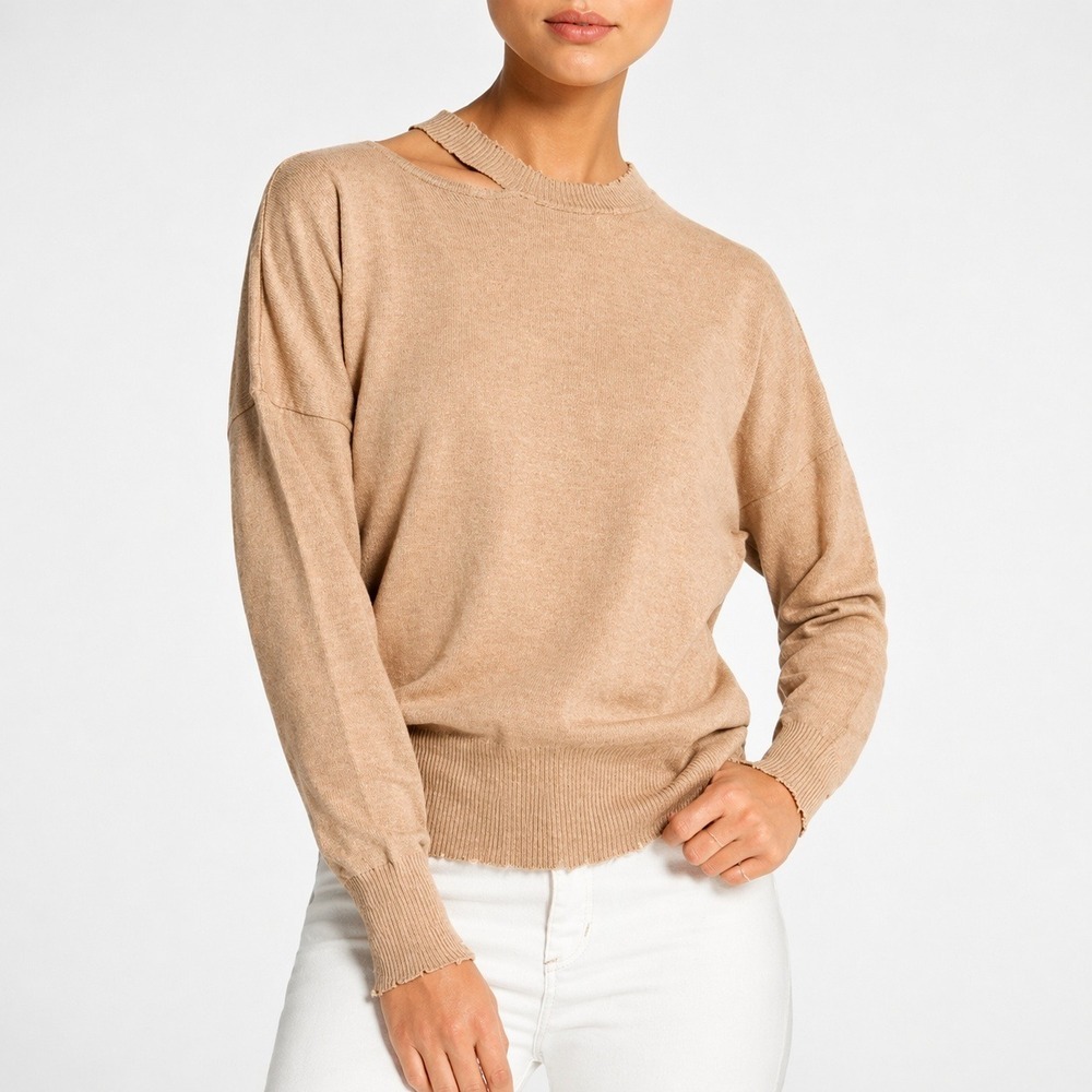 n:PHILANTHROPY NEW Camel Alloy Frayed Cut-out Distressed Silk Sweater SZ Large